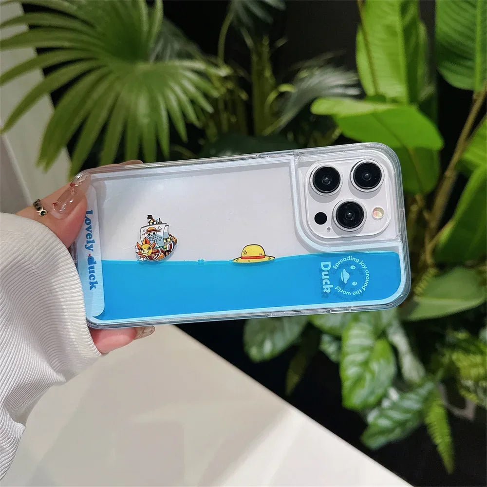 Schwebende Flüssig-Sand Handyhülle - Transparente Weiche Schutzhülle für iPhone 15 Plus, 14, 13, 12, 11 Pro MAX mit Cartoon-Piratenschiff-Design