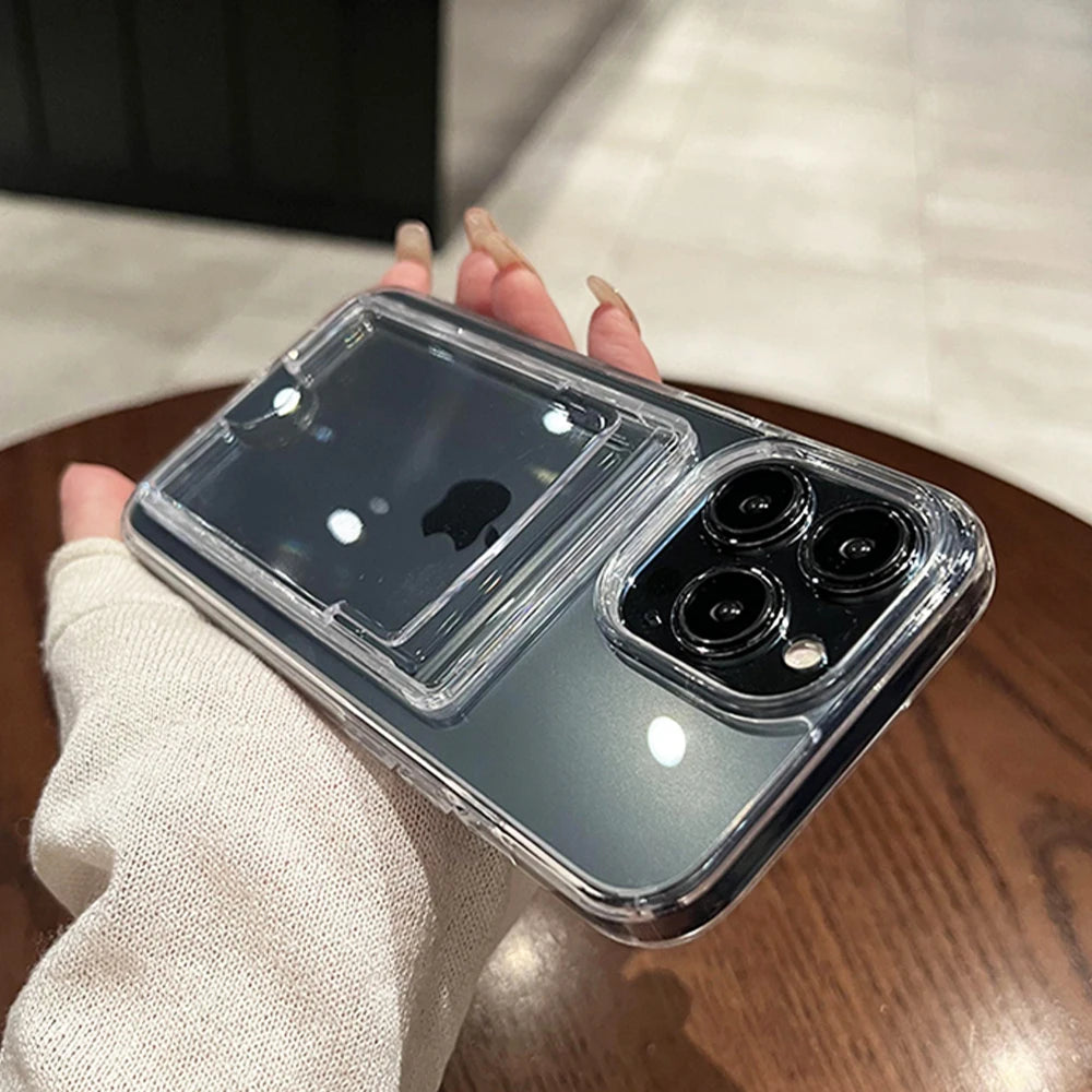 Luxuriöse transparente Hart-Acryl-Kartenhalter-Handyhüllen für iPhone 16 Pro Max 11 12 13 14 15 stoßfest mit Bumper-Rückseite.