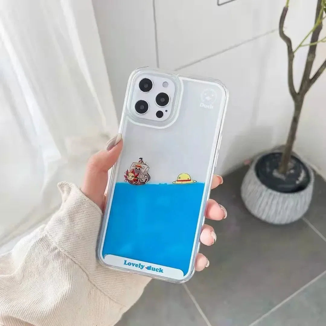 Schwebende Flüssig-Sand Handyhülle - Transparente Weiche Schutzhülle für iPhone 15 Plus, 14, 13, 12, 11 Pro MAX mit Cartoon-Piratenschiff-Design