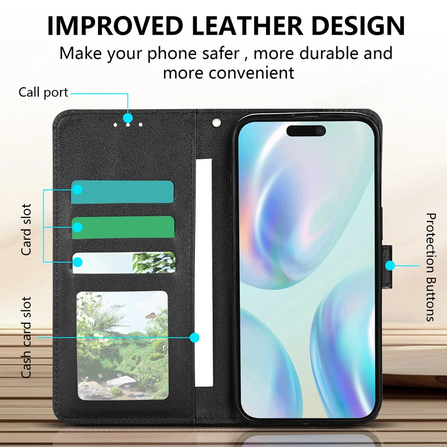 Handytasche mit Kartenfach, Foto-Stand und Magnetverschluss – Lederhülle für iPhone 16e, 16 Pro Max, 15 Plus, 14, 13, 12 und 11 – Stoßfestes Cover