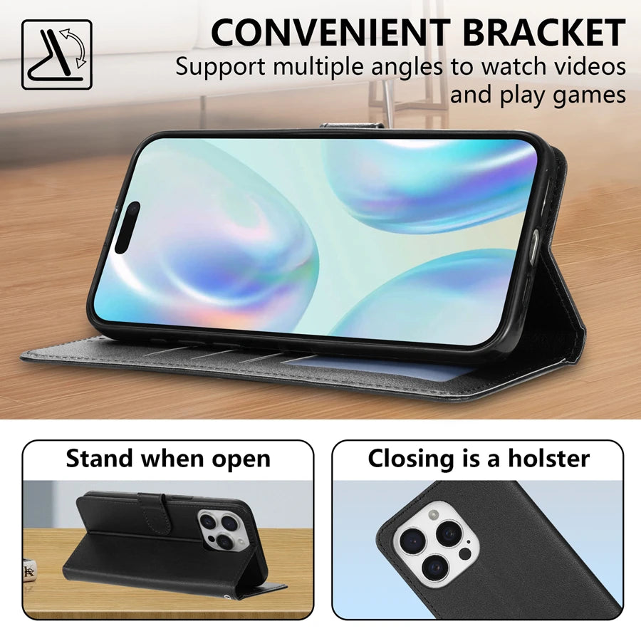 Handytasche mit Kartenfach, Foto-Stand und Magnetverschluss – Lederhülle für iPhone 16e, 16 Pro Max, 15 Plus, 14, 13, 12 und 11 – Stoßfestes Cover