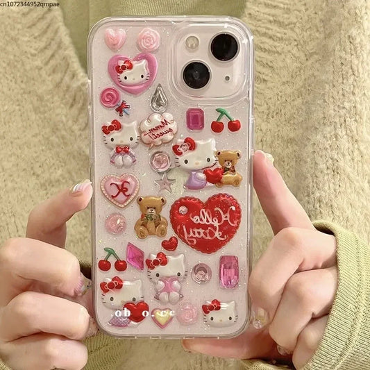 3D Sanrio Hello Kitty Glitzer Handyhülle – Perfekt für iPhone 16, 11, 12, 13, 14, 15 Pro Max – Y2K-Stil, Anti-Runterfall, Weiche Rückenschale