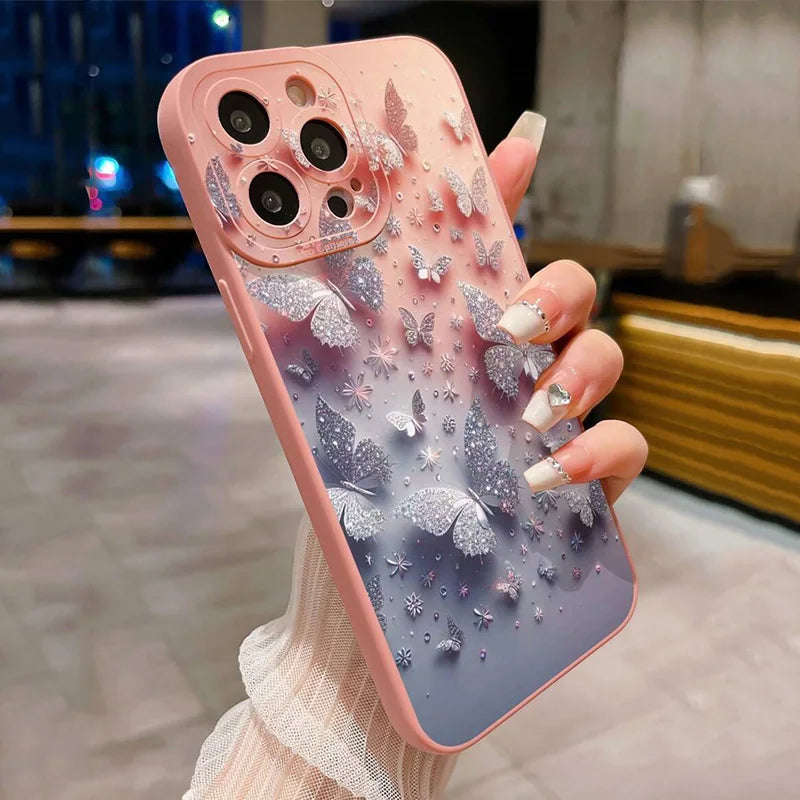 Schmetterlings- und Blumen-Muster: Stoßfeste Handyhülle für iPhone 11, 12, 13, 14, 15, 16, Pro Max, 16E, Mini, XR, XS, X, 7, 8 Plus und SE2 – Mattes Cover für stilvollen Schutz!
