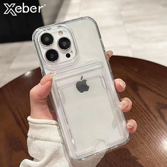 Luxuriöse transparente Hart-Acryl-Kartenhalter-Handyhüllen für iPhone 16 Pro Max 11 12 13 14 15 stoßfest mit Bumper-Rückseite.