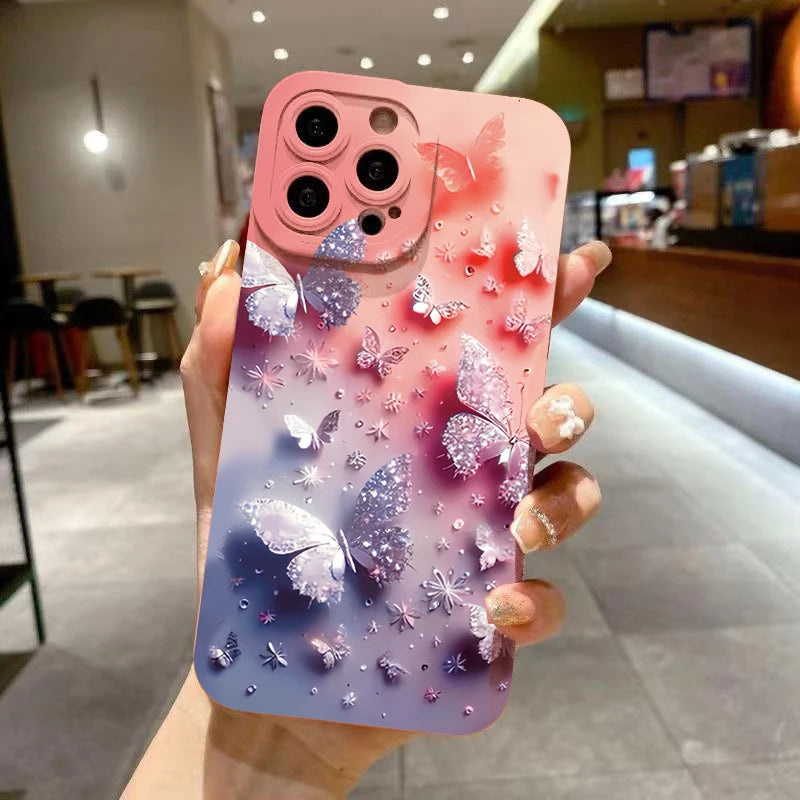Schmetterlings- und Blumen-Muster: Stoßfeste Handyhülle für iPhone 11, 12, 13, 14, 15, 16, Pro Max, 16E, Mini, XR, XS, X, 7, 8 Plus und SE2 – Mattes Cover für stilvollen Schutz!