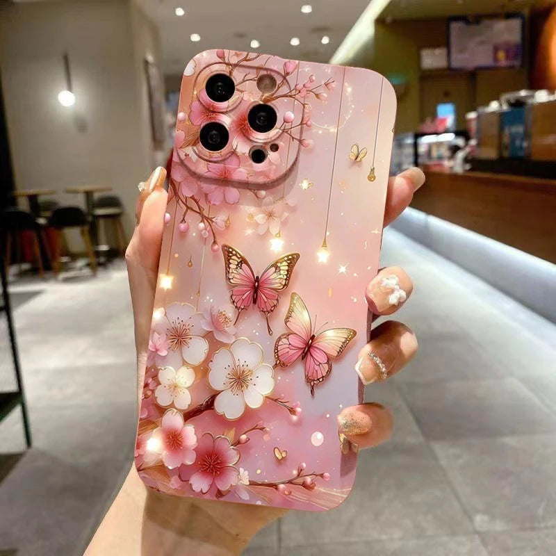 Schmetterlings- und Blumen-Muster: Stoßfeste Handyhülle für iPhone 11, 12, 13, 14, 15, 16, Pro Max, 16E, Mini, XR, XS, X, 7, 8 Plus und SE2 – Mattes Cover für stilvollen Schutz!