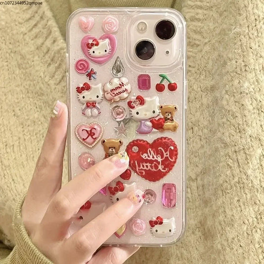 3D Sanrio Hello Kitty Glitzer Handyhülle – Perfekt für iPhone 16, 11, 12, 13, 14, 15 Pro Max – Y2K-Stil, Anti-Runterfall, Weiche Rückenschale